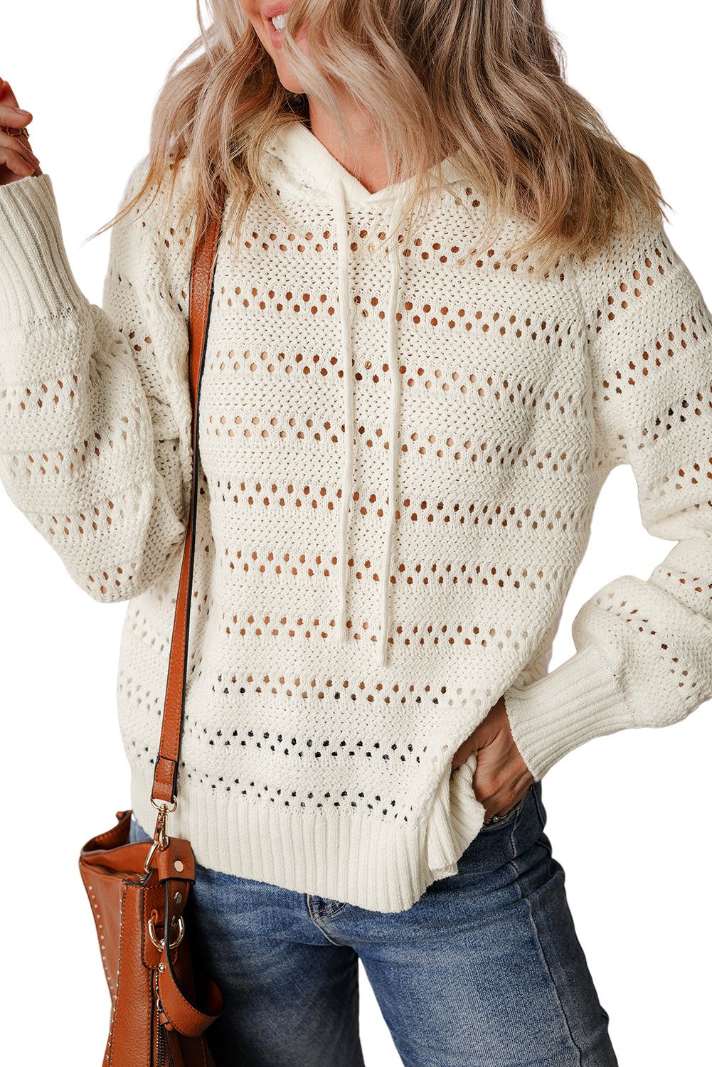 Sweaters Peach Blossom Pointelle Knit Raglan Sleeve Drawstring Hooded Sweater.