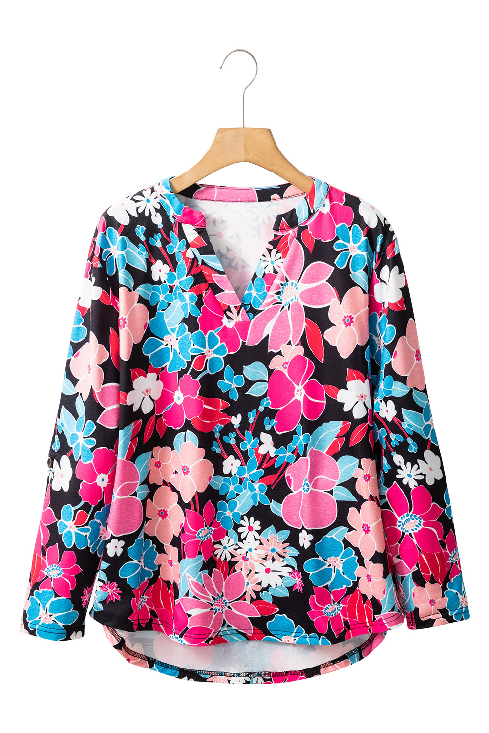 Pink Floral V Neck Roll Tab Sleeve Blouse