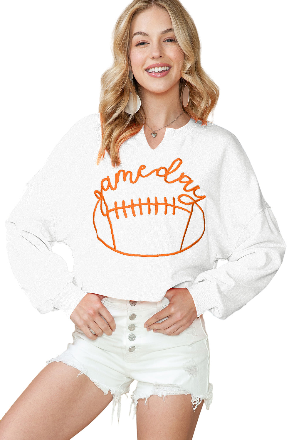 Orange Game Day Lettering Rugby Notched Neck Cropped Sweatshirt