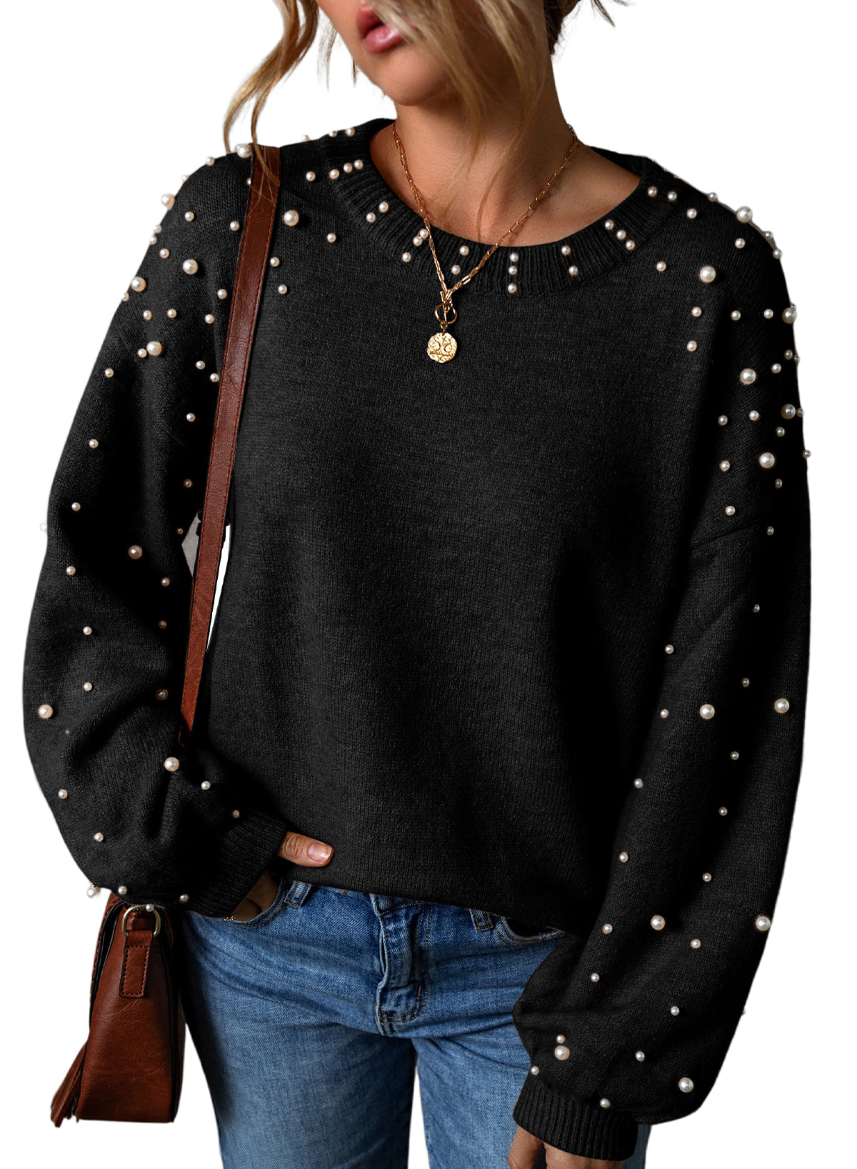 Black Pearl Drop Shoulder Round Neck Sweater