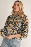 Black Boho Floral Smocked V Neck Bracelet Sleeve Blouse