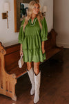 Black Contrast Stitched V Neck 3/4 Sleeve Swing Mini Dress