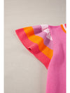 Bright Pink Contrast Sleeve Striped Round Neck Knitted Tee