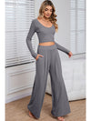 Black Plain Ribbed Crop Top & Wide Leg Pants Two Piece Pants Set