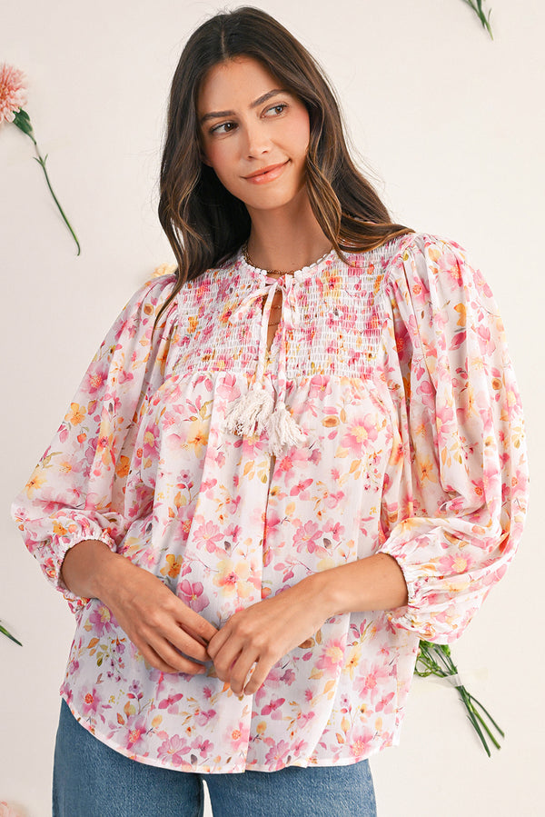 Pink Floral Print Tassel Tie Smocked V Neck Puff Sleeve Tunic Blouse