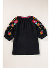 Black Floral Embroidered Ricrac Puff Sleeve Textured Blouse