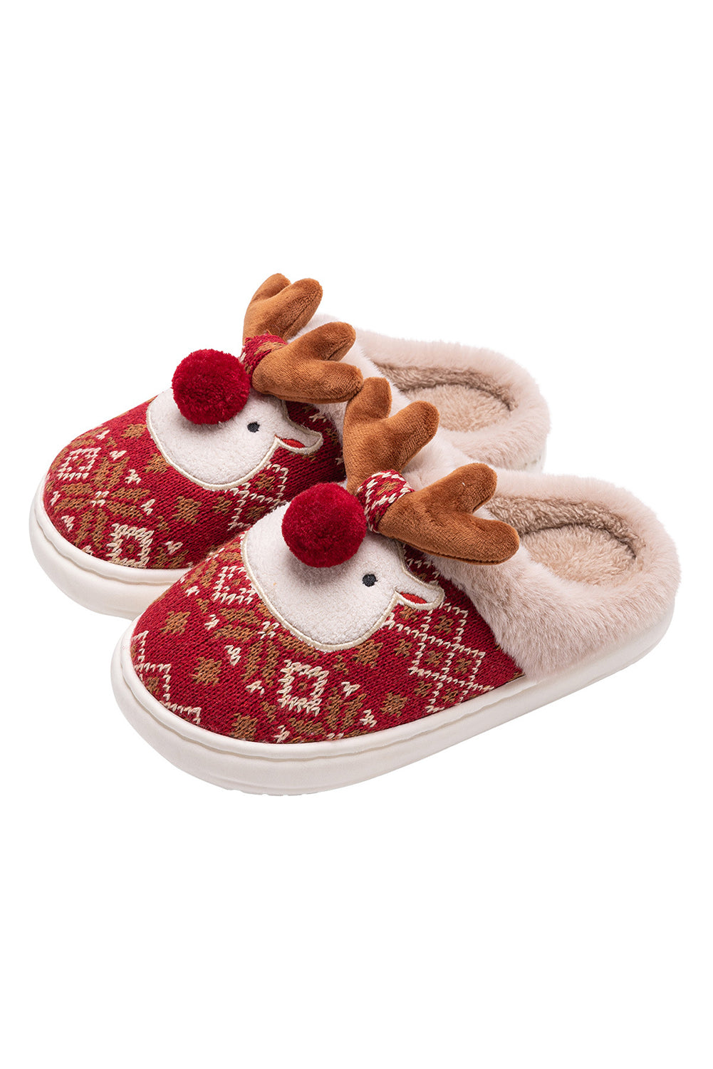 Dark Green Christmas Cartoon Reindeer Plush Home Slippers