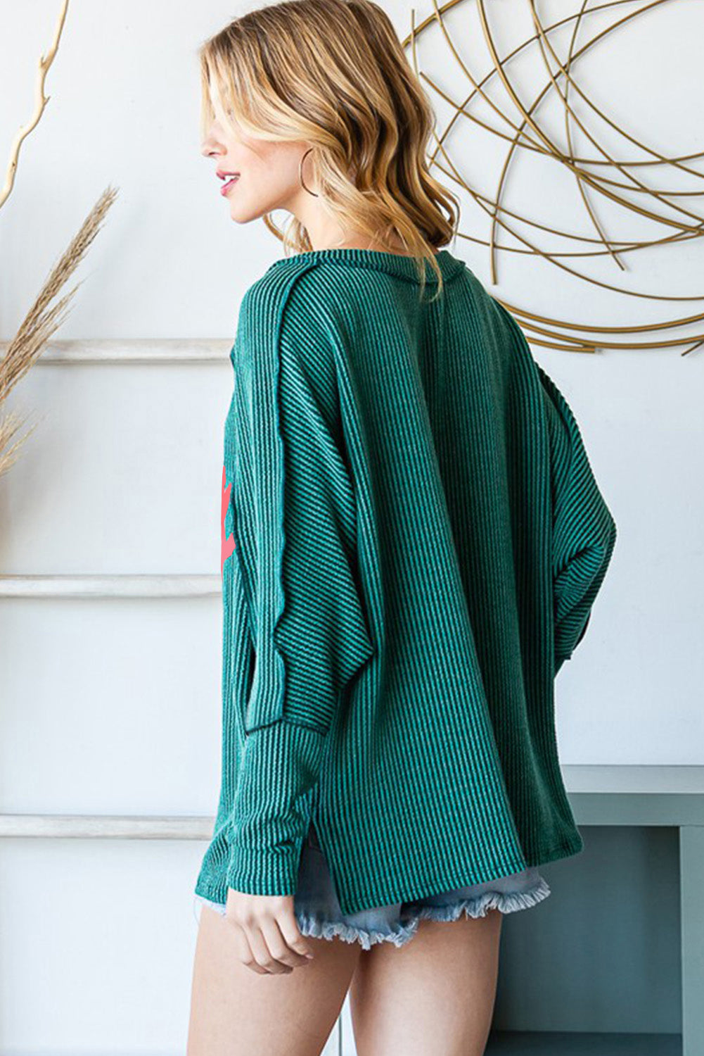 Green Merry Christmas Exposed Seam Ribbed Top