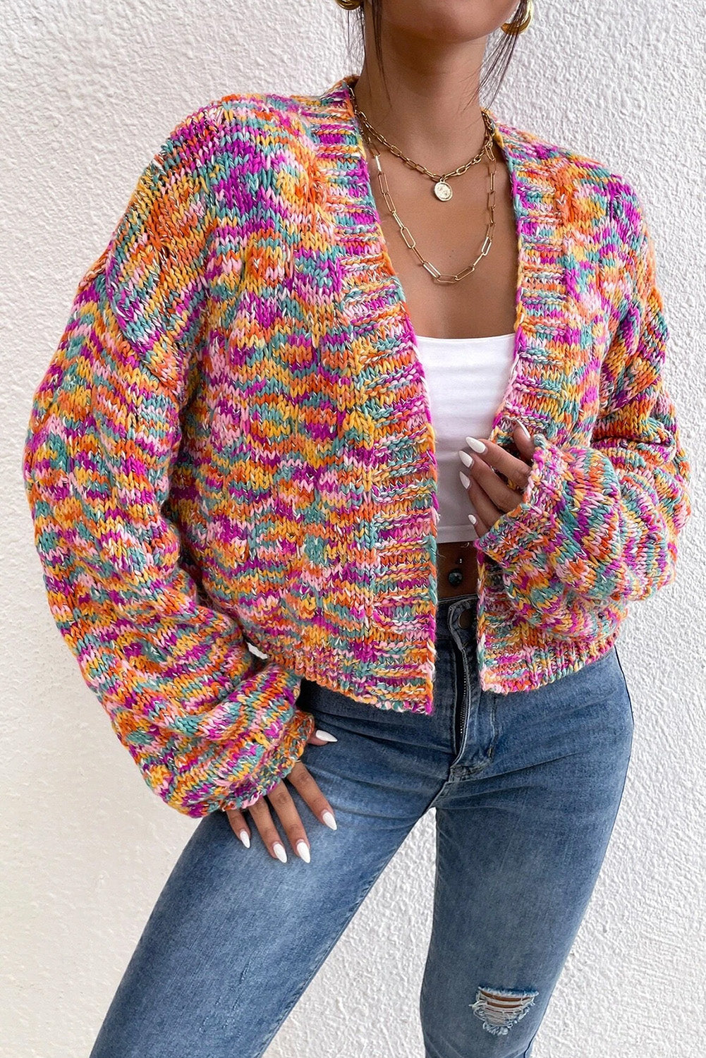 Pink Colorful Drop Shoulder Cropped Cardigan