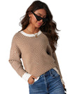 Coffee Stripe Contrast Edge Crew Neck Drop Shoulder Sweater