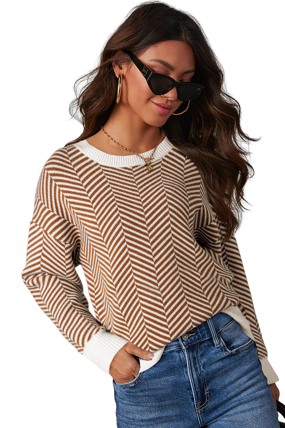 Coffee Stripe Contrast Edge Crew Neck Drop Shoulder Sweater