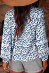 Blue Floral Print Lace Detail Puff Sleeve Shirt