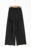 Black Mineral Wash Exposed Seam Wide Leg Cargo Pants