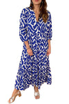 Blue Abstract Print V Neck Tiered Maxi Dress