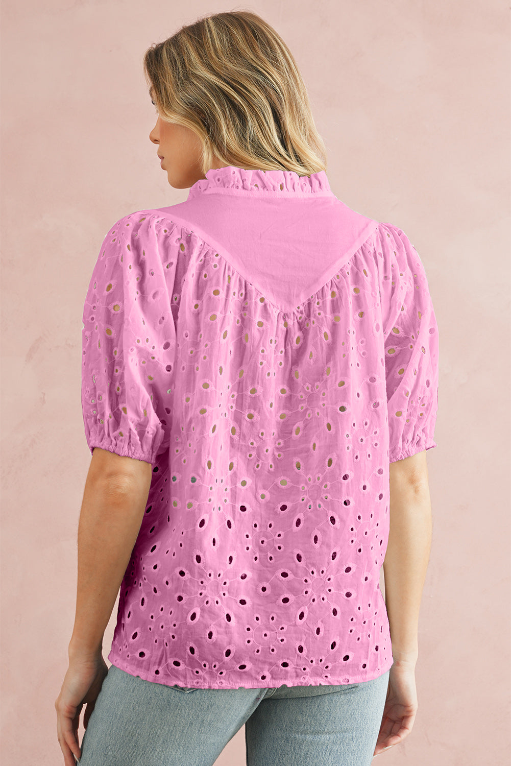 Bonbon Hollow-out Flower Embroidered Short Puff Sleeve Blouse