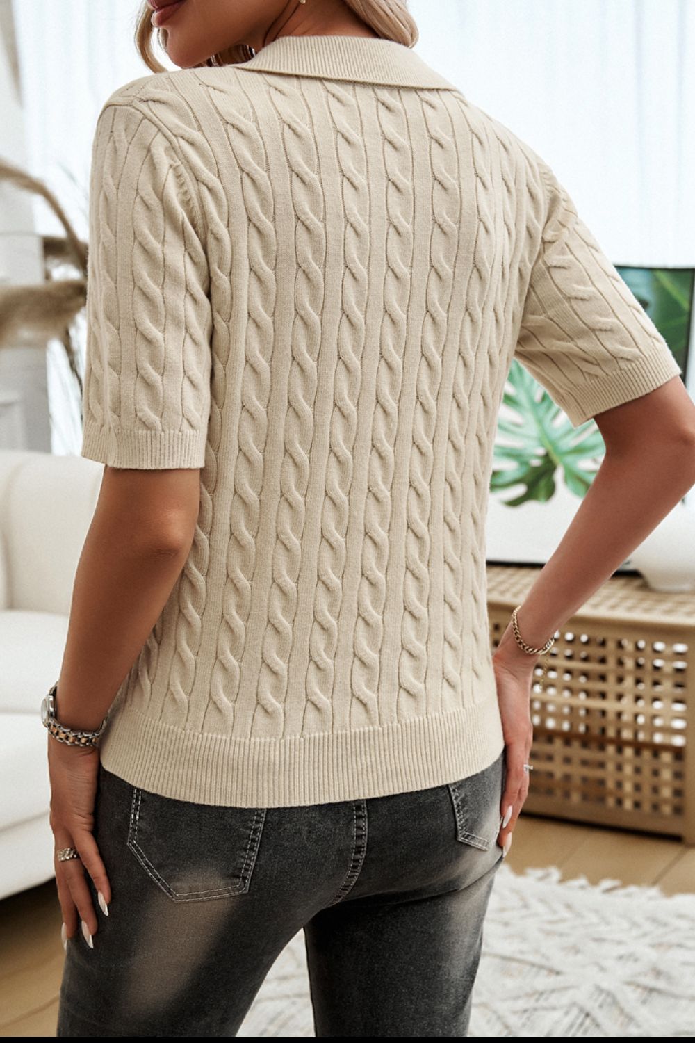 Devine Cable-Knit Short Sleeve Sweater