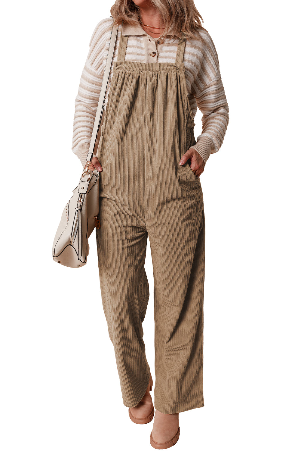 Gray Morn Plain Pocketed Loose Fit Corduroy Overalls