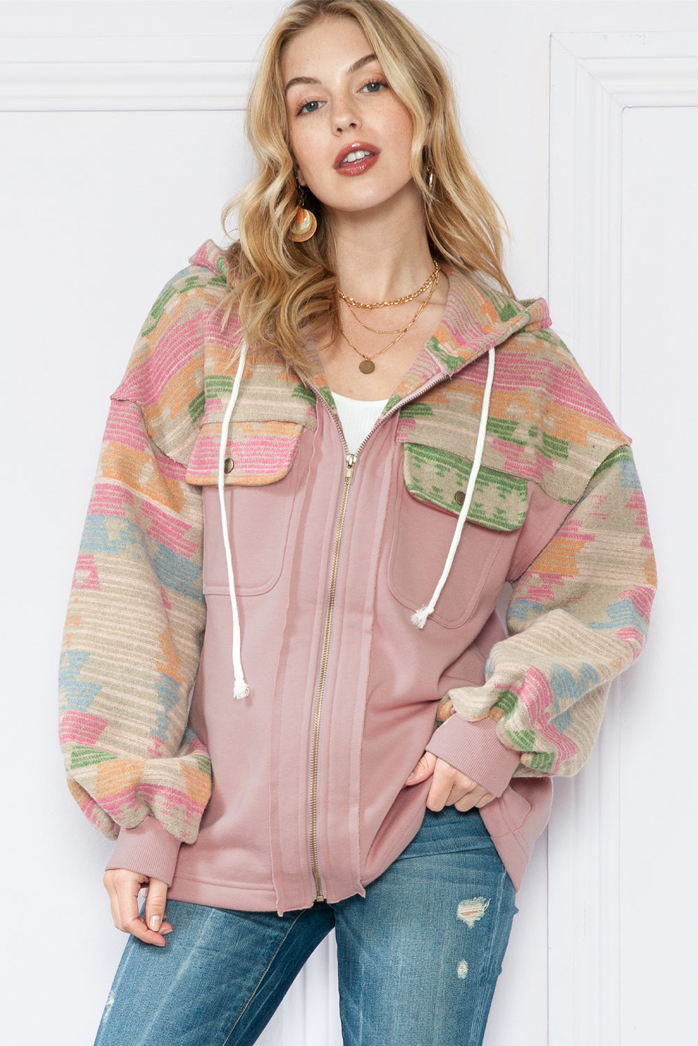 Light Pink Geometric Patchwork Hooded Zip Up Jacket