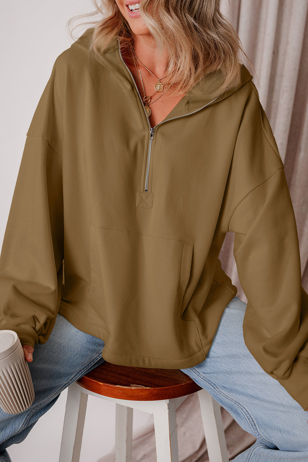 Smoke Green Half Zipper Kangaroo Pockets Drop Shoulder Hoodie