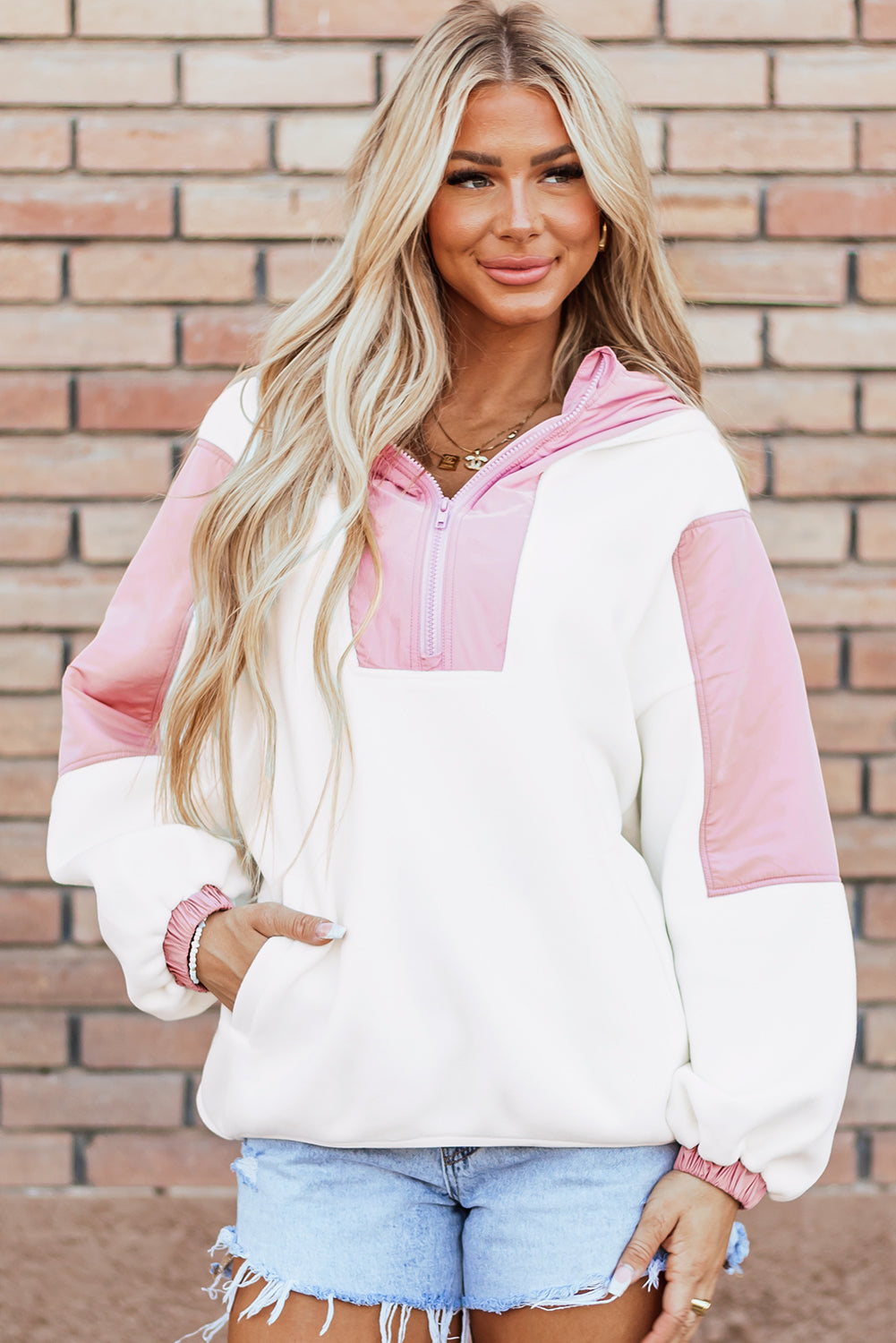 White Patchwork Half Zip Oversized Sherpa Hoodie