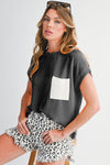 Dark Blue Corded Knit Color Block Pocketed Crew Neck T Shirt