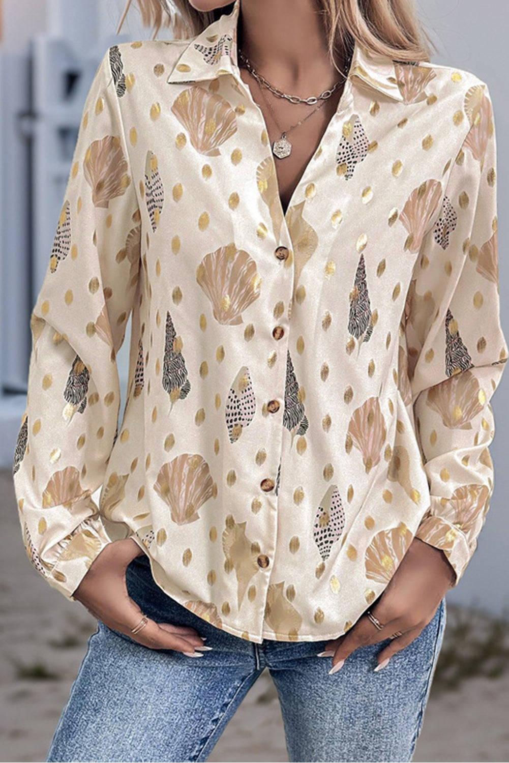 Apricot Casual Loose Shell Polka Dots Shirt