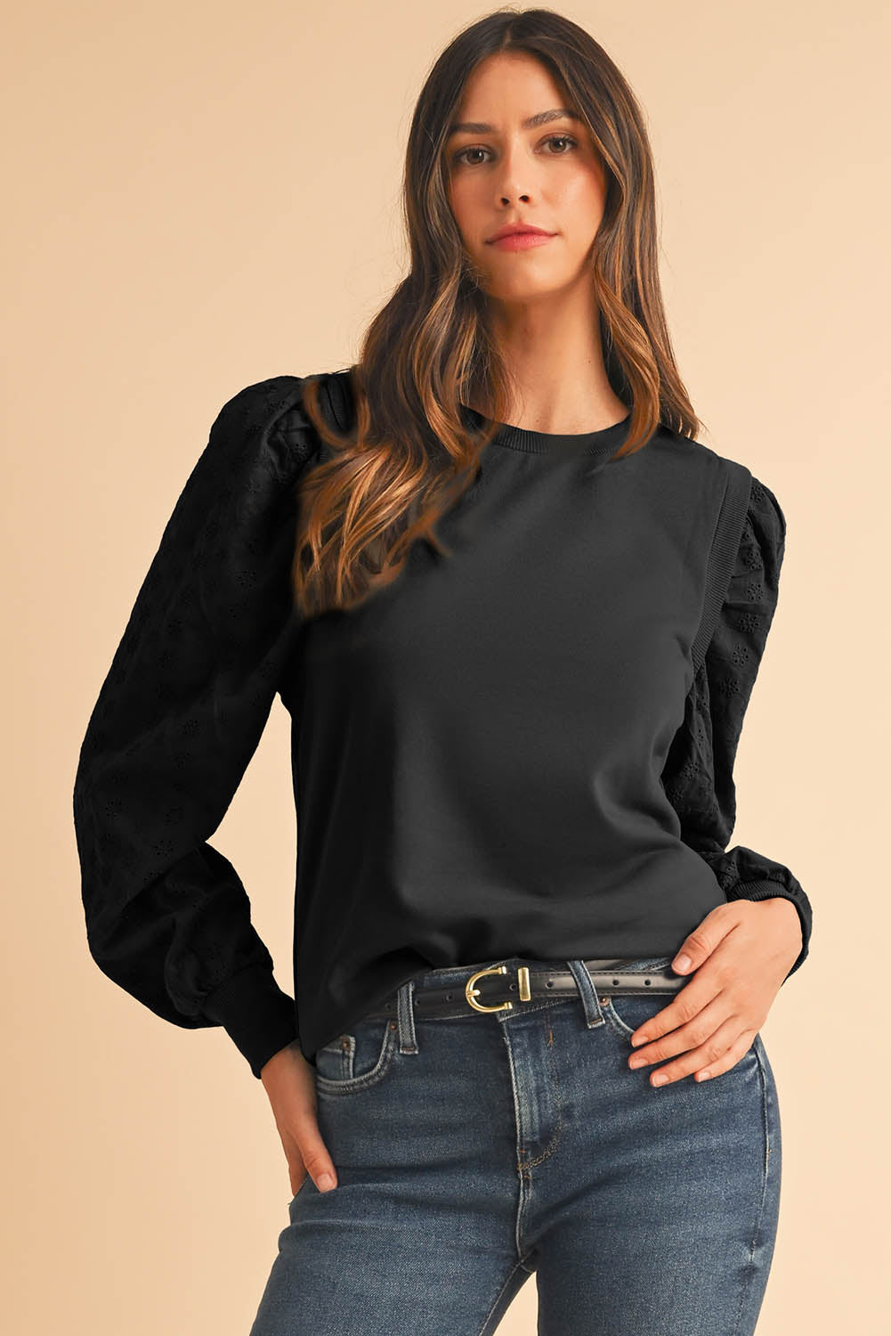 Black Eyelet Embroidered Patchwork Sleeve Ribbed Sweatshirt