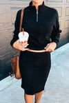Black Ribbed Zip Neck Drop Shoulder Pullover Bodycon Skirt Set