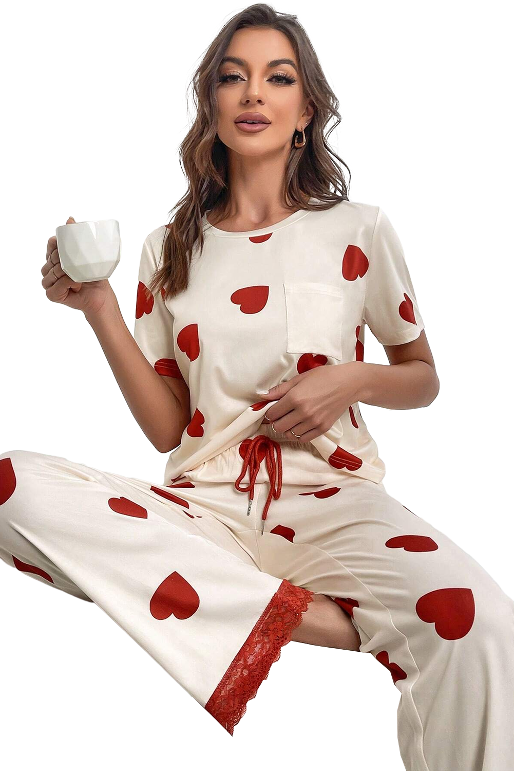 White Heart Print Tee and Lace Hem Pants Pajama Set