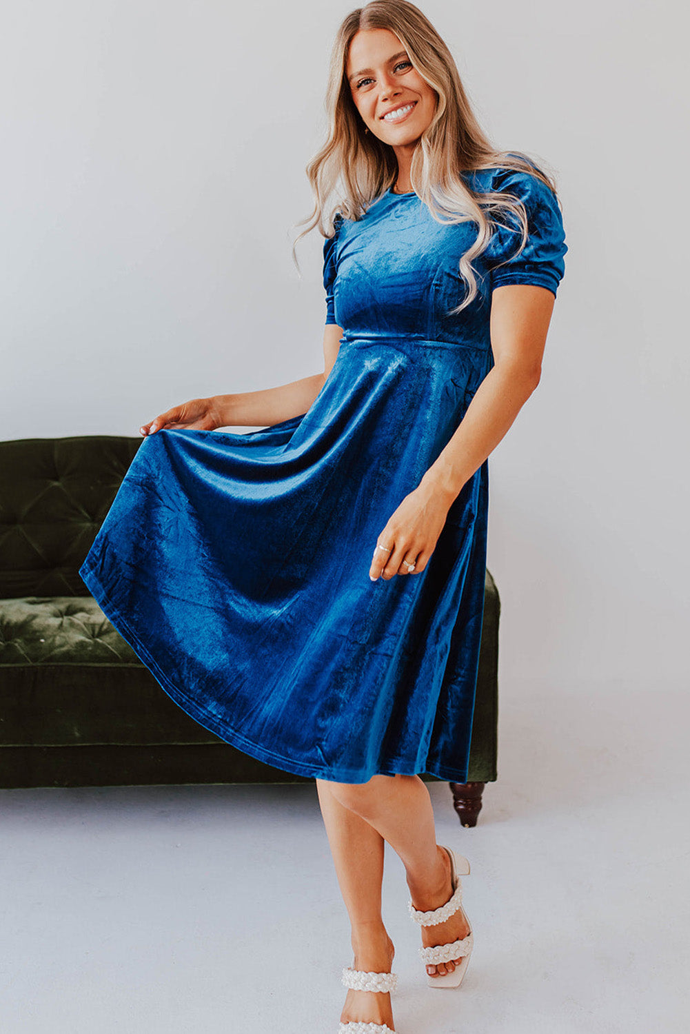 Sail Blue Velvet Ruched Short Sleeve Pocketed Midi Dress