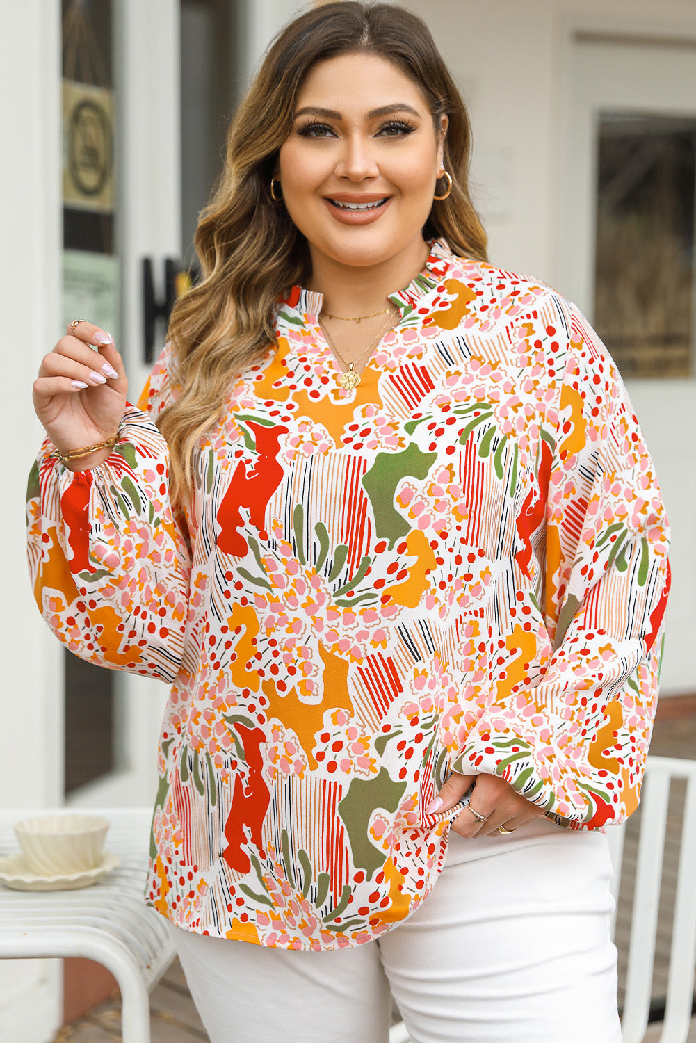 Orange Floral Abstract Print V Neck  Plus Size Blouse