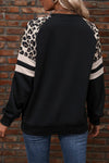 Black Leopard Print Patchwork Raglan Sleeve Sweatshirt