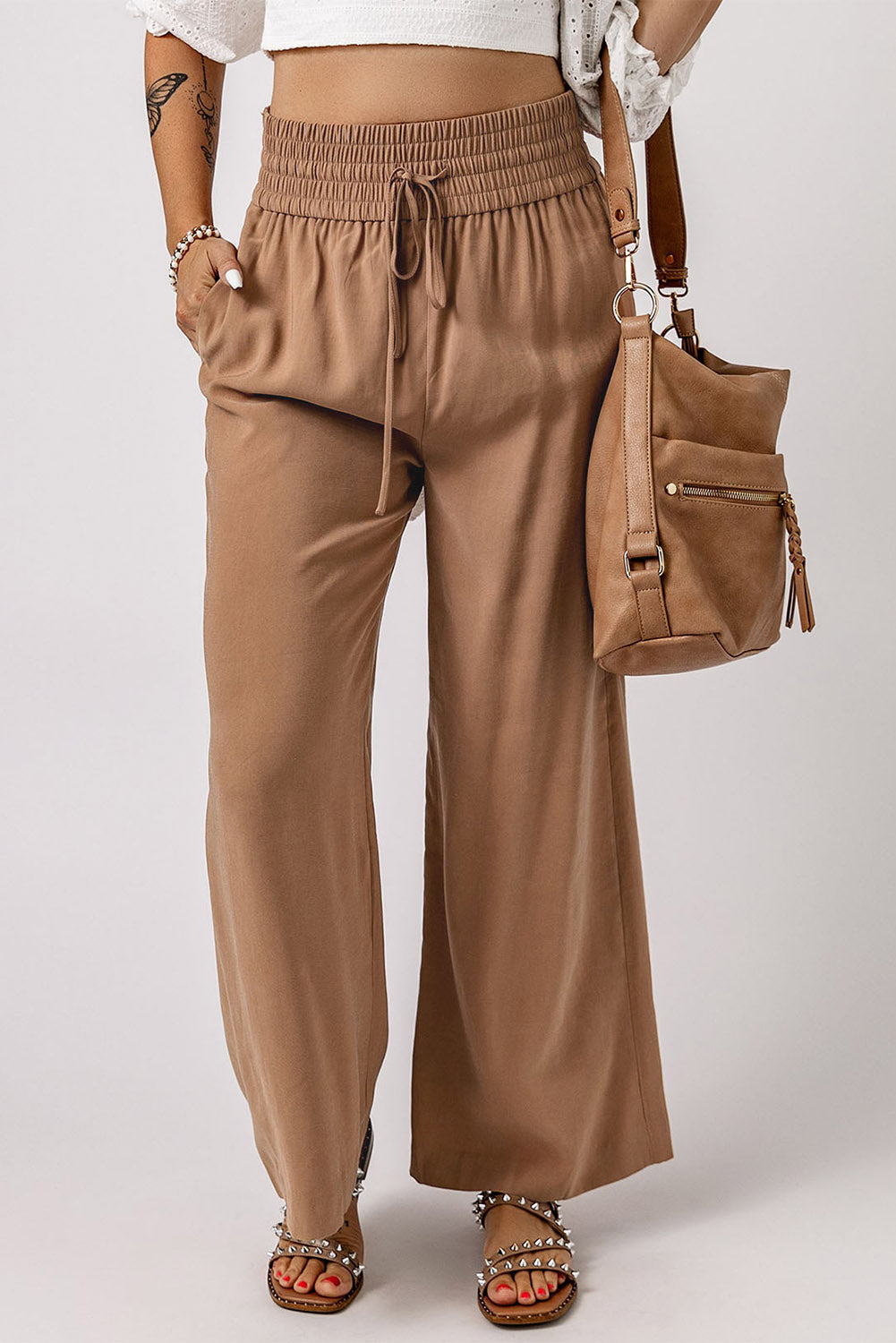 Brown Casual Drawstring Shirred Elastic Waist Wide Leg Pants