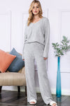 Black Slouchy Ribbed Knit V Neck Top & Pants Loungewear Set