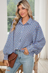 Sky Blue Abstract Print Collared Lantern Sleeve Shirt