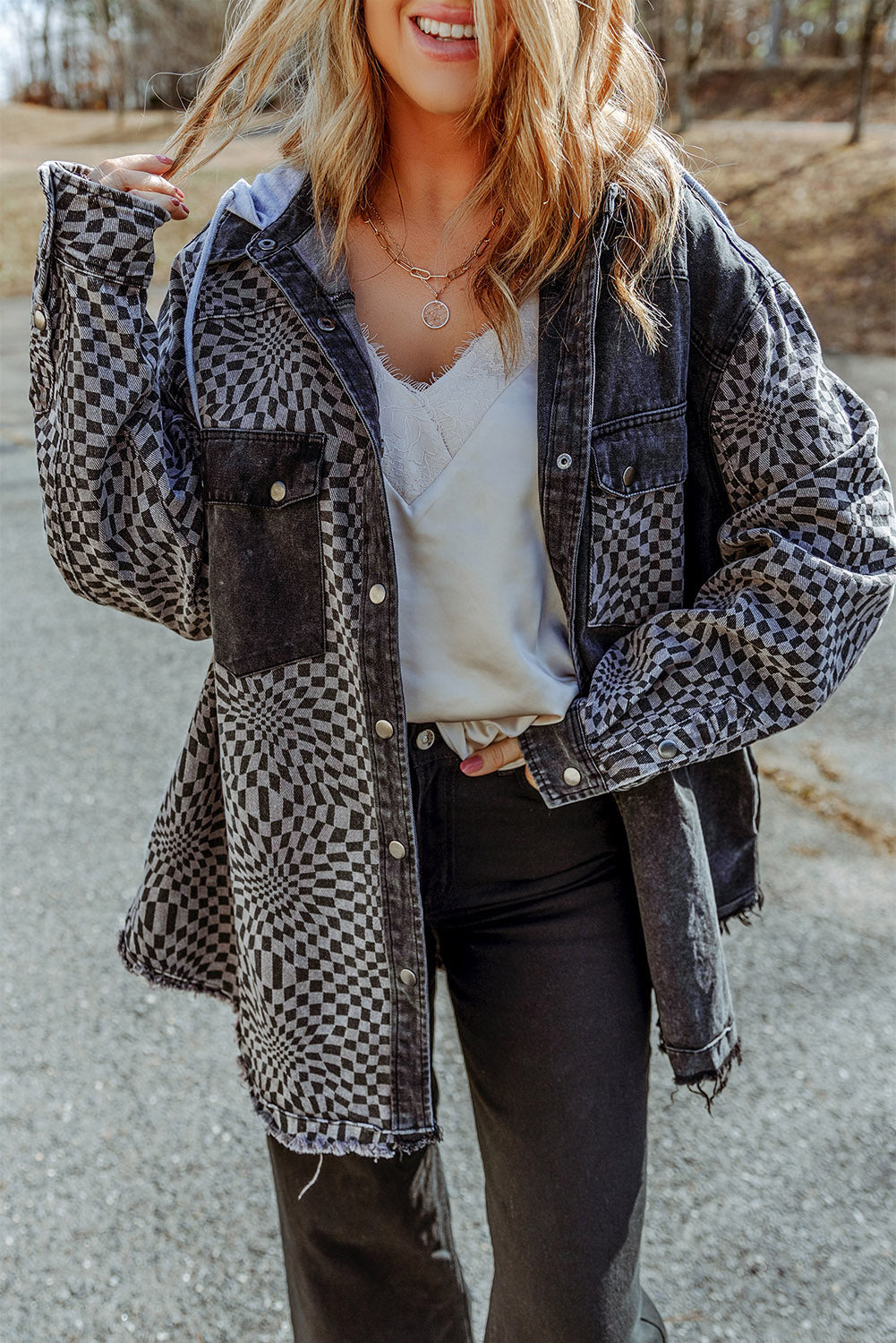 Gray Checked Patchwork Raw Hem Hooded Denim Jacket