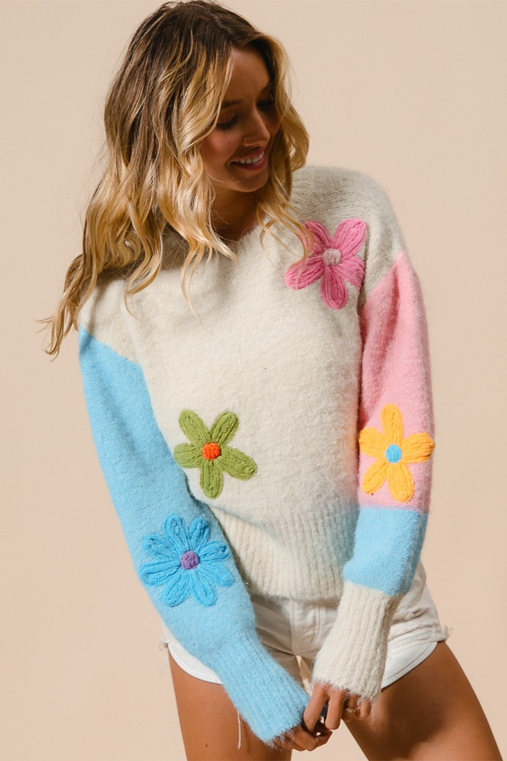 Multicolour Cute Flower Colorblock Knit Sweater