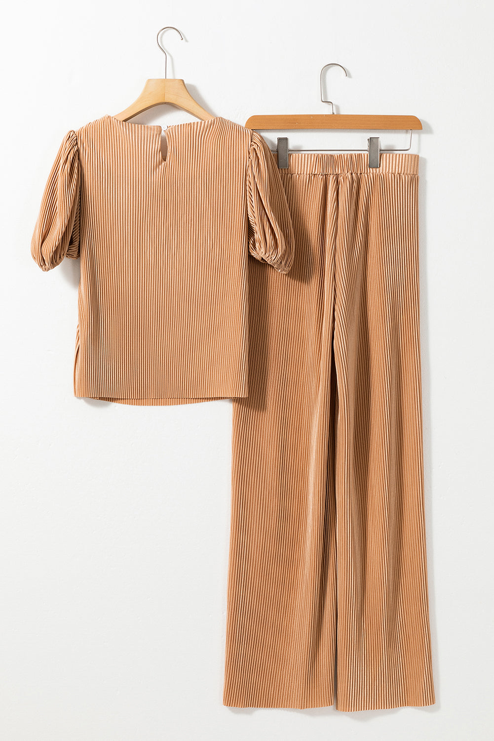 Clay Ribbed Short Puff Sleeve Top and Wide Leg Pants Set