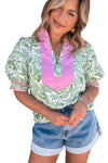Green Leaves Pattern Colorblock V Neck Puff Sleeve Blouse