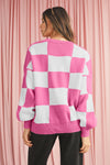 Rose Checkered Bishop Sleeve Pullover Sweater