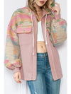 Light Pink Geometric Patchwork Hooded Zip Up Jacket