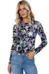 Black Allover Floral Print Mesh Long Sleeve Top