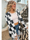 Black Checkered Waffle Knit Thumbhole Long Sleeve Cardigan