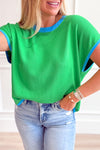 Rose Red Contrast Trim Round Neck Short Sleeve Loose Knit Top