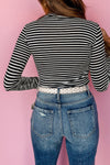 Black Stripe Textured Round Neck Slim Fit Long Sleeve Top