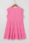 Bright Pink Waffle Sleeveless Henley A-line Tiered Mini Dress