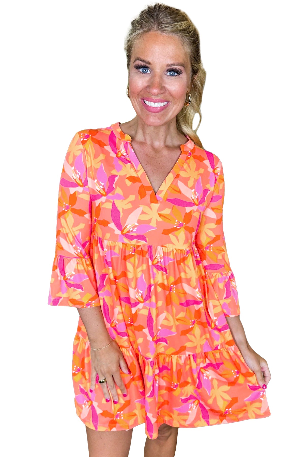 Orange Abstract Print V Neck Ruffle Bell Sleeve Mini Tiered Dress