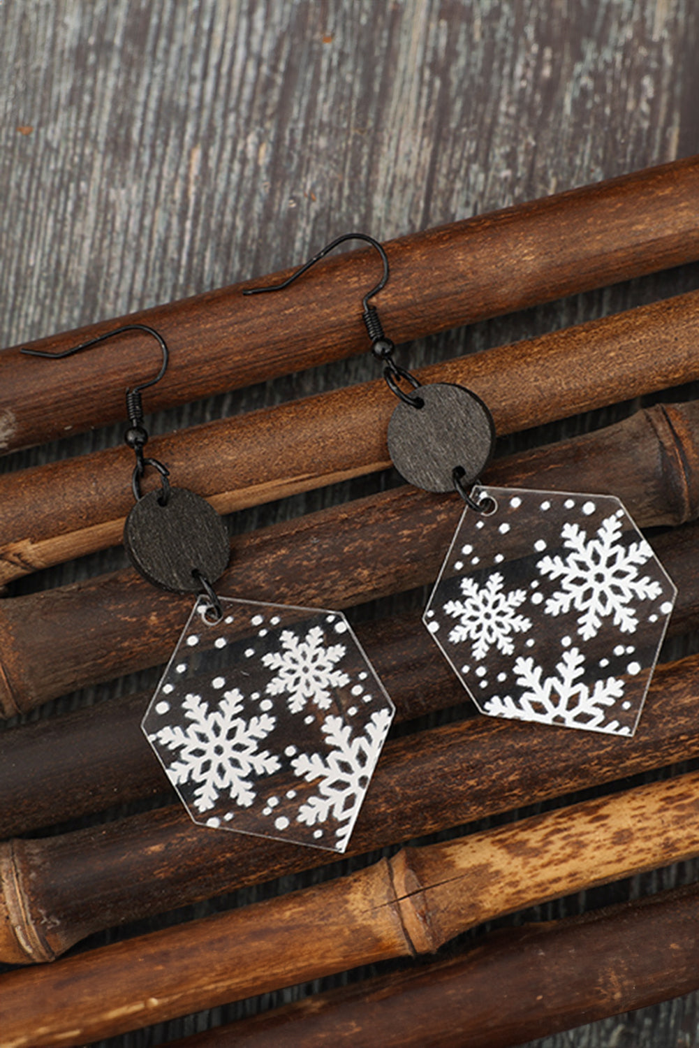 White Snowflake Print Acrylic Dangle Christmas Earrings