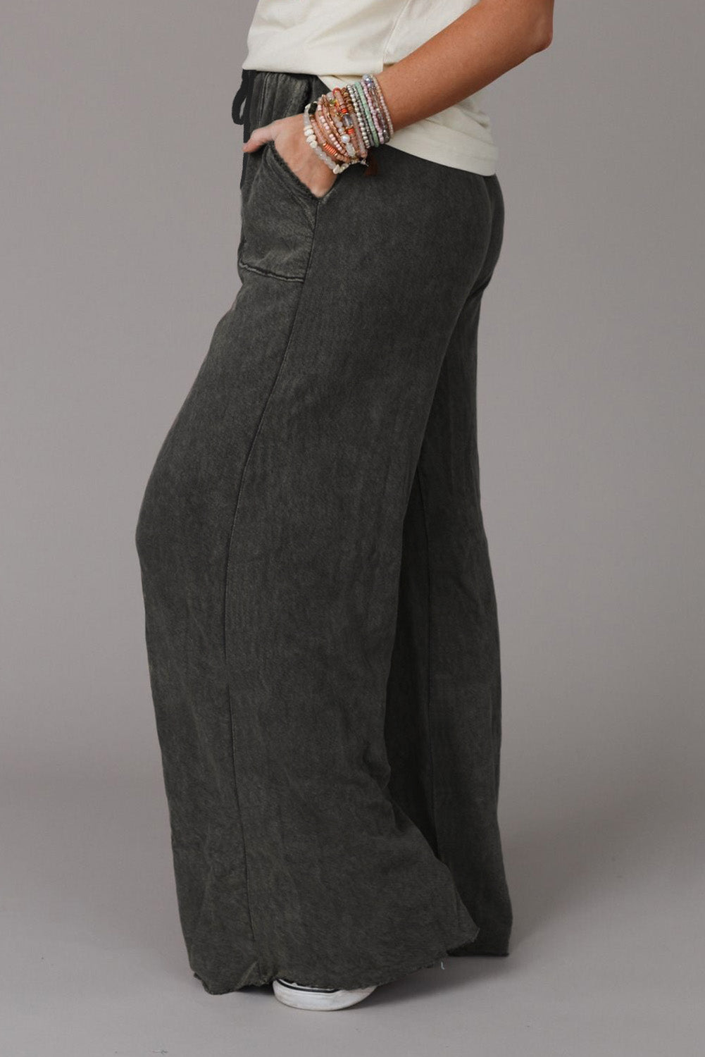 Grey Mineral Washed Drawstring High Waisted Wide Leg Pants