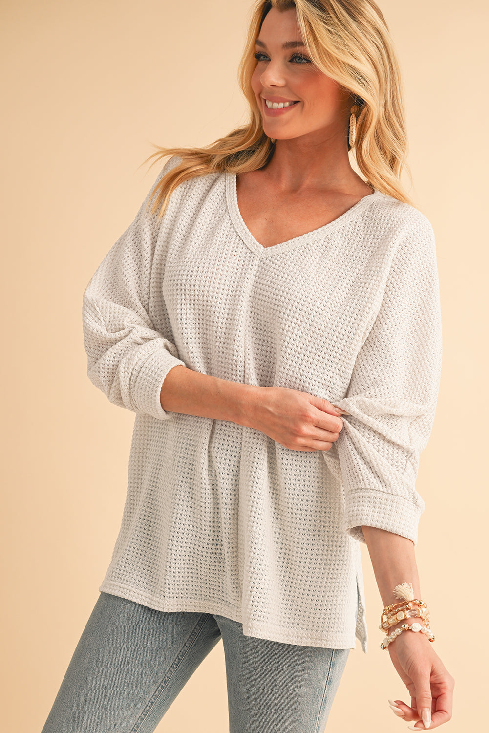 White Waffle Knit Side Slits Loose Fit V Neck Top